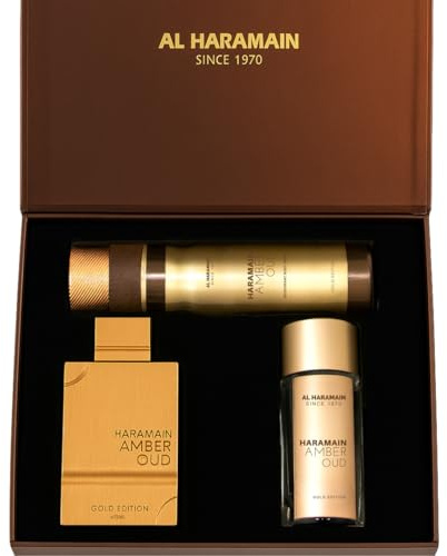 Al Haramain Amber Oud Gold Edition Gift Set | Eau de Parfum 75ml + Travel Size 30ml + Deodorant Body Spray 200ml | Premium Arabic Oud Perfume for Women and Men | Ideal Choice for Perfume Gifts