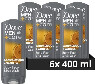 Dove Men+Care Sandalwood + Vanilla 3-in-1 Hair, Face and Body Wash Body Cleanser shower gel with MicroMoisture technology for 24 hour nourishment 6x 400 ml