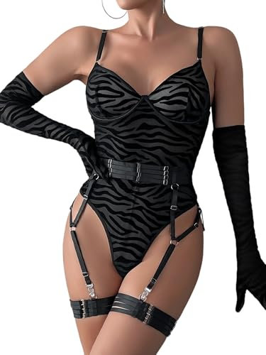 EVELIFE Women's Sexy Bodysuit Teddy Lingerie Stretchy Mesh with Removeable Garter Belt, Elegant Gloves & Thigh Straps 3PCS Set(Zebra Stripes M)