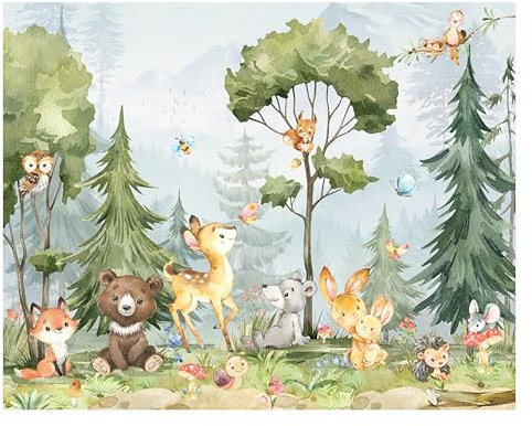 madras24 Forest Kids Wall Mural Watercolor Woodland Wallpaper for Nursery Room, Animals, Kids Wall Mural, Nursery Mountain Decor Forest Custom-Made Photo Wallpaper for boy and Girl Pine Tree