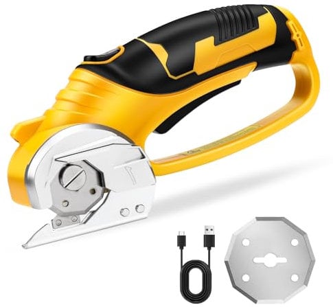 Cordless Electric Scissors Rechargeable with LED Light - Rotary Power Cutter for Fabric, Leather, Carpet, Plastic, Cardboard | Sewing, Crafting, DIY Tool Kit Includes 1 Blade