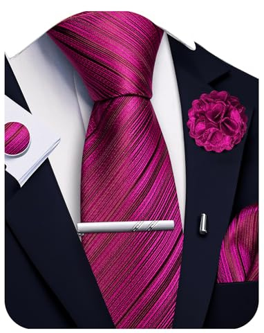 Ailisus Cravatta a righe e fazzoletto, fermacravatta e gemelli da bavero, set formale da 5 pezzi, Rosa acceso, Taglia unica