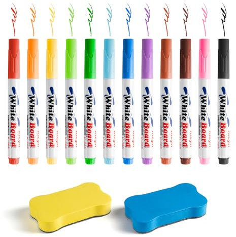 PEAPIN 12PCS Whiteboard Pens & White Board Pens Set – 12 Colours with 2 Erasers, Fine Tip Dry Wipe Markers for School Office Home Use