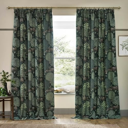 Morris&Co. Brook Pencil Pleat Curtain Pair – Lined Jacquard Woodland Tapestry-Inspired Drapes (Forest Green - 117x137cm)