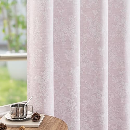 Fmfunctex Pink Floral Jacquard Blackout Eyelet Curtains 54 Inch Drop Pair | 52 x 54 Inch, Bedroom, Living Room, Farmhouse Chenille Scroll Flower Drapes, Thermal Insulated, Energy Saving, Room Darkening