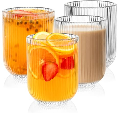 Hioph Tumbler Glasses Set of 4, 270ML Highball Ribbed Glasses,Clear Drinking Glassware,Vintage Style Cocktail Water Drinking Glasses for Bartending, Gatherings and Parties