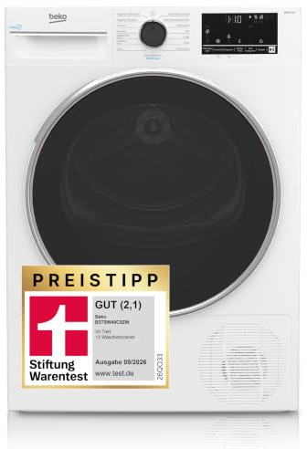 Beko B3TSW48C9ZW Wäschetrockner, 8 kg, Frontlader Kondenstrockner, 15 Programme, Sensortrocknung, Säulenfähig, Aquawave Schontrommel, Weiß