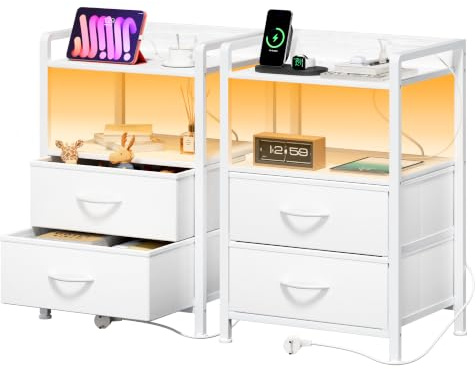 YOUDENOVA Nachttisch 2er Set mit LED-Beleuchtung, Nachtschrank mit Ladefunktion, Beistelltisch mit 2 Schubladen und 2 Offene Regale, Couchtisch fürs Wohnzimmer, Schlafzimmer, Weiß