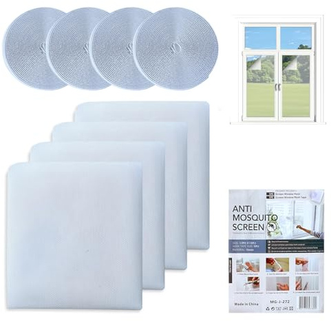 4 Pack Fly Screens for Windows, 1.3m (4.27 Ft) x 1.5m (4.92 Ft) Cut-to- Size Mosquito Net with Sticky Tape, Strong Self-Adhesive Nets for Windows, Window Fly Screen Velcro for Flies Mosquitoes Insect