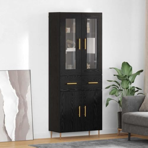 kithwjll Modernes Highboard 2er-Set, Schwarz Eichen-Optik, 69,5x34x180 cm, mit 4 Glastüren, Schubladen und goldenen Griffen für Wohnzimmer Stauraum