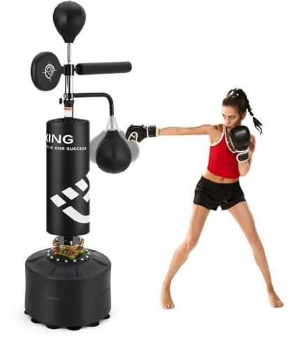 Sac de Frappe Adulte 5 en 1 Sac de Frappe Support sur Pied 2 Balles de Vitesse Cible et Barre Rotative à 360° Hauteur Réglable 160-230 cm Sac de Frappe sur Pied Réglable Entréeînement Kickboxing Boxe