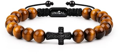 UNIQAL | Damen Herren Armband Naturstein Perlen 8mm | Kreuz Zirkonia | Verstellbar | Tigerauge Onyx Lava Hämatit Lapislazuli | Verschiedene Modelle & Farben | Geschenk Männer Schmuck