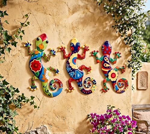 KAMACA 3er Set Metall Gecko Wanddeko bunt – je 35,5 x 22 cm – farbenfrohe Garten Deko zum Hängen – Wandfigur Echse für Balkon Terrasse Hauswand Innen & Außen