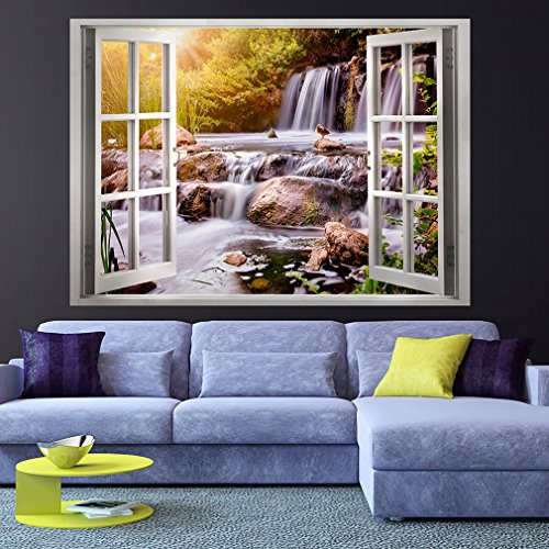 decomonkey Optische Täuschung 3D Fensterblick Wasserfall Wald, ca 70x50 cm | Wandillusion, Weitblick, Wandbild, Fototapete, Tapete, Poster, XXL, Vlies, Leinwand, Panorama, Dekoration