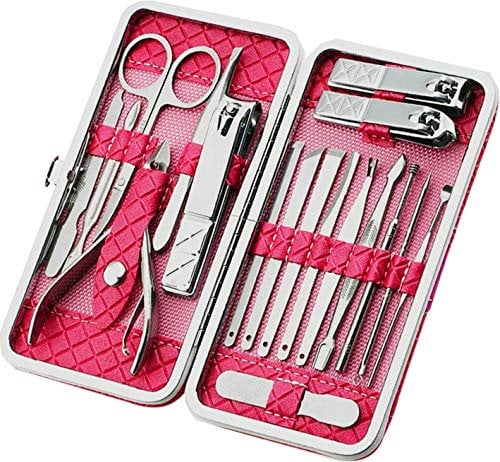 Manicure Pedicure Set Nail Clippers Kit 18 Pcs Stainless Steel Hygiene Kit Portable Nail Trimming set and Grooming Tools with Fine Leather Case [Gift Box] (Rose-18pcs)