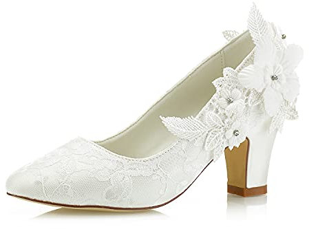 JIAJIA 62311 aux Femmes Chaussures de mariée Bout fermé 7cm Talon épais Dentelle satinée des Pompes Chaussures de Mariage Couleur Ivoire, Taille 38 EU