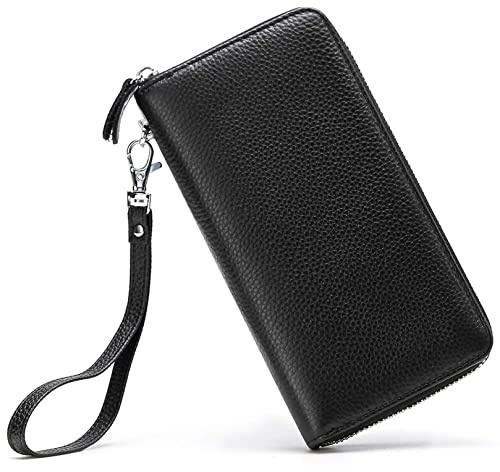 Moflycom Damen-Geldbörse, RFID-blockierend, echtes Leder, mit Reißverschluss, Clutch, Armband, Reise, lange Geldbörse für Damen, Schwarz, Large, RFID-Brieftasche