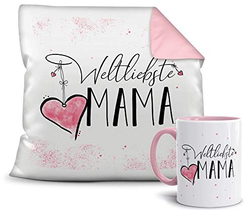 Geschenkset für die Weltliebste Mama - Tasse und Kissen - Altrosa/Verwandte/Geschenk-Idee/Liebling/Familie