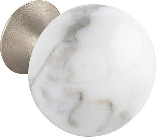Furnipart Bead Straight Poignée de porte ronde en porcelaine Ø 28 mm – Bouton de porte pour armoire, Porcelaine Marbre blanc/zinc moulé sous pression Effet acier inoxydable