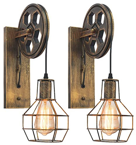 iDEGU Lámparas Industriales Apliques de Pared Estilo de Polea - Luz de Pared para Dormitorio, Sala de Estar, Restaurante, Bar (2 piezas - Bronce)