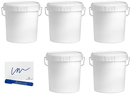 MARKESYSTEM - Cubo VACIO Industrial Pack de 5 x 4,6 litros - Contenedores Hermeticos de Plástico con Tapa - Almacenaje de Sólidos, Líquidos y Pinturas - Polipropileno Blanco + Kit Etiquetado