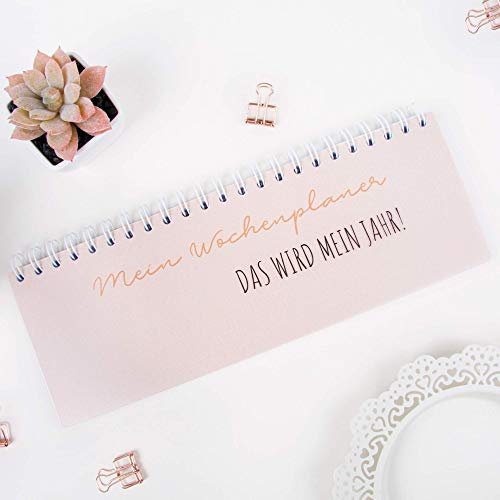 Marthiesens® Tischquerkalender Peach, 1 Woche auf 1 Seite, undatiert für ein ganzes Jahr mit stabilem durchsichtigem Schutzumschlag und Spiralbindung