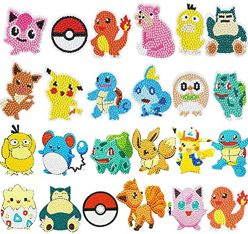 Herber 24 PCS 5D DIY Diamantmalerei Aufkleber Kit für Kinder Pokemon Diamantmalerei Mosaik Aufkleber Art Kits nach Zahlen für Kinder Anfänger
