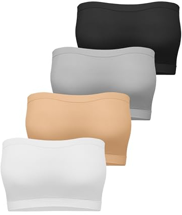 Cooraby 4 Pack Women Tube Tops Summer Non-Padded Seamless Bra, 4 Colors (Black, White, Beige, Grey)