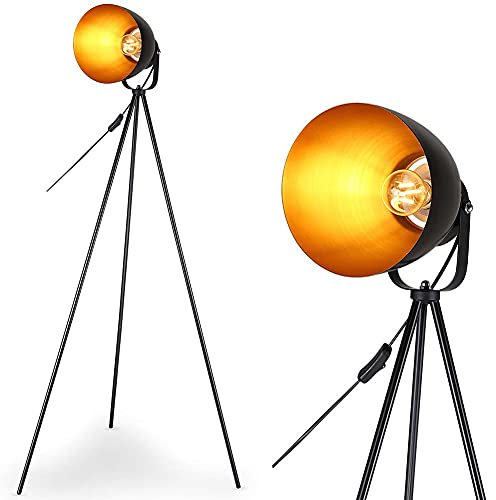 BAKAJI Lampadaire Design Industriel Moderne Structure Métallique Ampoule E27 avec Abat-Jour Pivotant et Ajustable Base Trépied Hauteur 140cm Décoration Intérieur Vintage Noir