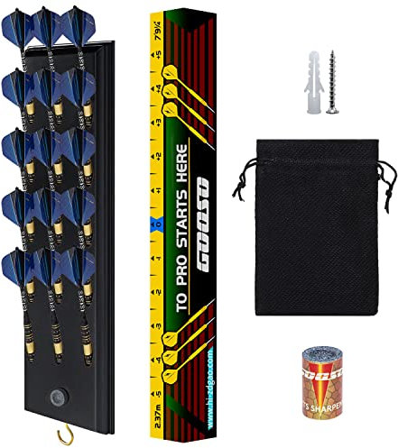 FDLS Dart-Halter zur Wandmontage mit 15 Dartpfeilen mit Stahlspitze oder weicher Spitze, Dart-Caddy für die Wand mit Metallhaken, mit Dart-Wurfschnurmarker, Zubehörtasche und Dartspitzer
