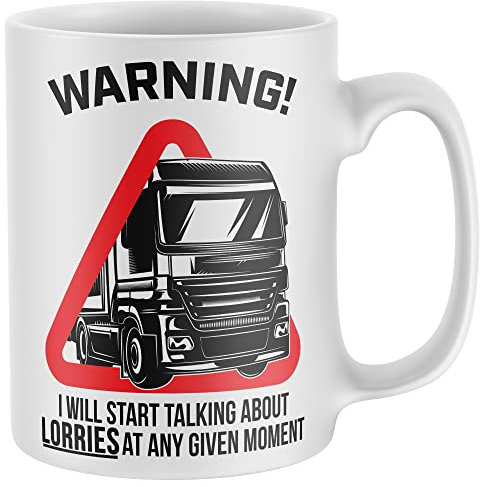 Purple Print House Warning Will Talk About Lorries Mug, Funny Coffee Cup, Trucker Gifts for Him, Lorry Spotter Driver Birthday Present Ideas For Dad or Son, One Size, White