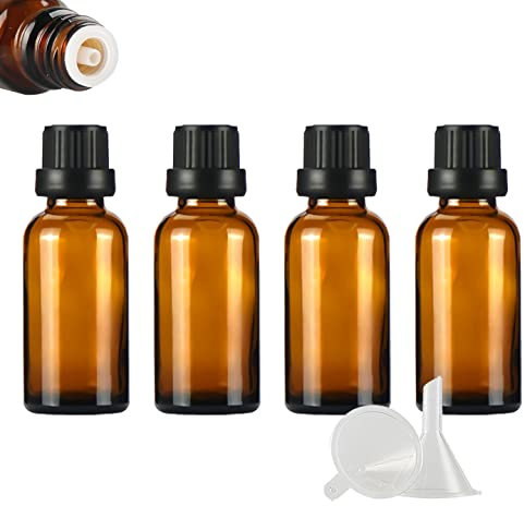ZEOABSY 4 Pcs 30ml Amber Glass Dropper Bottle with Tamper Evident Black Dripper Cap for Essential Oils Fragrances Aromatherapy Cosmetic Travel Bottles Vials