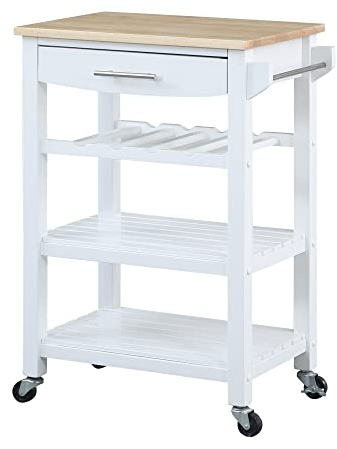 Convenience Concepts Ellaine Butcher Block Kitchen Cart 24.75 - 4 Tier Kitchen Island with Storage Drawer, Dining Room Wine Rack on Wheels, Coffee Station Table, Mobile Utility Trolley, White