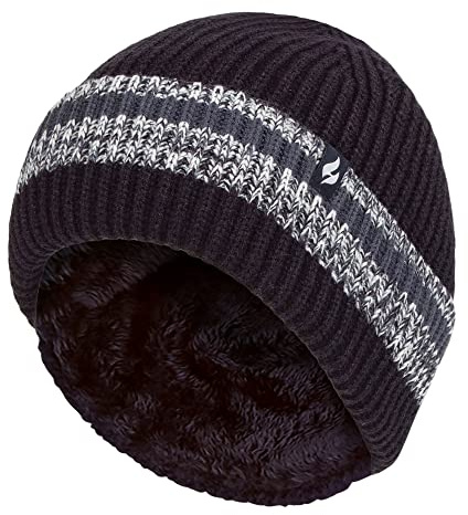 HEAT HOLDERS Mens Turnover Cuff Winter Beanie Knitted Striped Thermal Hat (One Size, Denim)