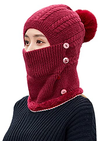 Damen Strickmütze Schlupfmütze Ohrenschutz Fliegermütze Winter Warme Skimütze Schalmütze Sturmhaube Wintermütze mit Bommel Frauen Bommelmütze für Outdoor Radfahren Skifahren (Einheitsgröße,Weinrot)