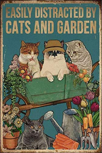 Leicht abgelenkt von Katzen und Garten, Metall, Eisen, Gemälde, Retro-Poster, Blechschild, Vintage-Wanddekoration, Poster, Metallschild, Aluminiumschild für Café, Bar, Pub, Zuhause, Bier, Dekoration,