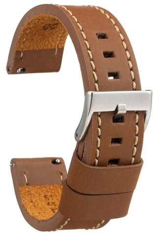 diloy Vintage Uhrenarmband gewachstes Leder mit weißer Naht – Handgefertigt für Sport- oder klassische Uhren – Größen 18mm 20mm 22mm 24mm 26mm – Braun oder Schwarz 384 Hellbraun 18mm