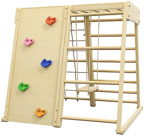 HOMCOM Palestrina per Bambini 3+ Anni 5 in 1 con Parete da Arrampicata, 3 Scale e Altalena, in Legno di Faggio, 120x105x120 cm
