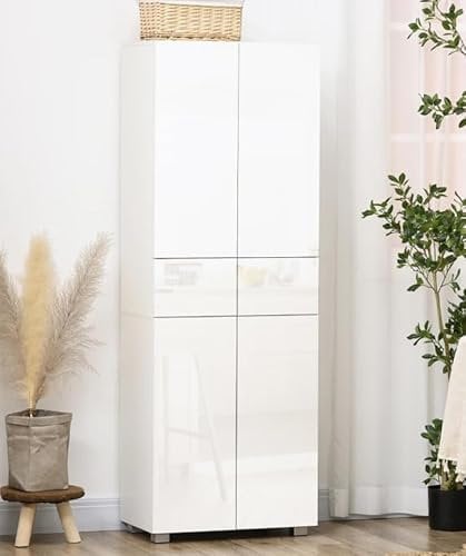 Tall Storage Cupboard High Gloss Bathroom Cabinet Large Modern Kitchen Pantry Shelf Dresser Unit Free Standing Storage Doors Drawers Contemporary Sideboard