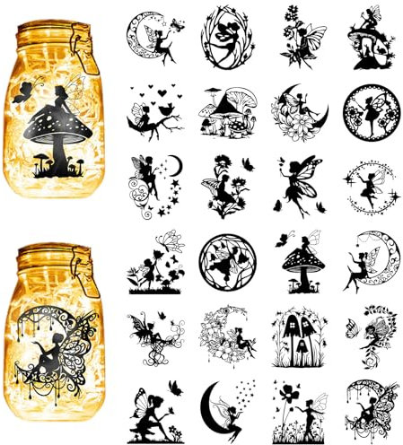 CREATCABIN 24 Stück Feen-Silhouetten,Einmachglas-Dekor,Engel,Laterne,Laserausschnitte,Ornamente,Pilz,Mond,Sammelalbum Für Wand,Fenster,Autos,DIY,Basteln,Weihnachten,Schwarz,10x9cm(Ohne Aufkleber)