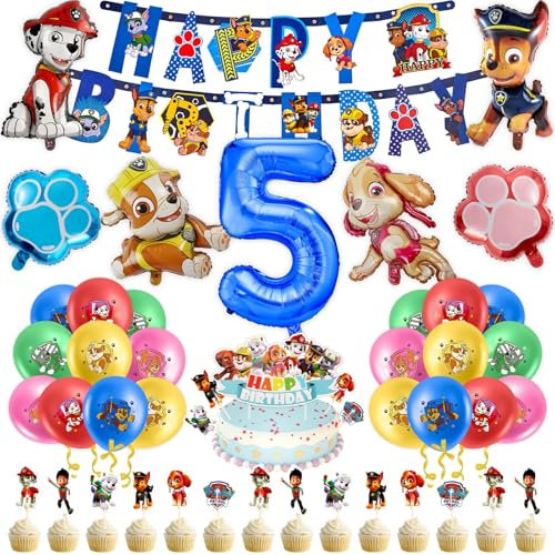 53 PCS Paw Luftballons Geburtstag 5 Jahre Jungen Mädchen Hund Patrol Geburtstagsdeko Ballon Deko 5. Geburtstag Folienballon Happy Birthday Banner Cake Topper Tortendeko für Kindergeburtstag Party Deko