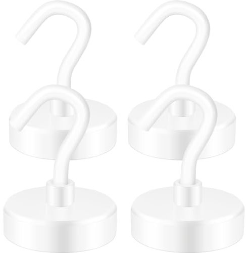 Neosmuk Magnetic Hooks Heavy Duty, 9lb Strong Magnet with Hook for Fridge, Super Neodymium Extra Strength Industrial Hooks for Hanging, Magnetic Hanger for Toolbox, Cruise, Grill(White,4 Pack)