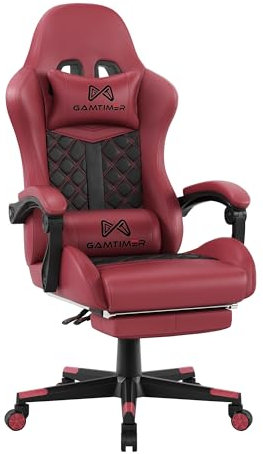 Gamtimer Gaming Stuhl, Ergonomischer Computerstuhl mit Fußstütze und Lordosenstütze, Atmungsaktives PU Leder, Großer Gaming Chair, Höhenverstellbarer 360° Drehstuhl –Bordeauxrot