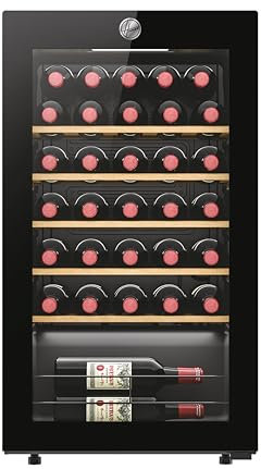 Hoover H-WINE 500 Freestanding Wine Cooler, 34 Bottles, Single Zone Temperature, Anti-UV Glass Door, Low Vibration Design, LED Light, hOn App, G Class, Black, 47.5x45.6x85 cm - HOWC034K