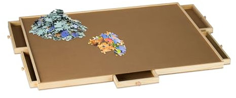 Relaxdays Tavola Porta Puzzle 1500 Tasselli, Vassoio con 6 Cassetti, Base Supporto per Tavolo e Divano, Legno, Naturale