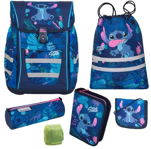 Familando Stitch Schulranzen Set für Mädchen 1. Klasse - mit gefüllter Federmappe und Turnbeutel - Ergonomisch, Leicht, Geräumig - 980 Gramm, 18 L Volumen - McNeill Teneris Schultasche