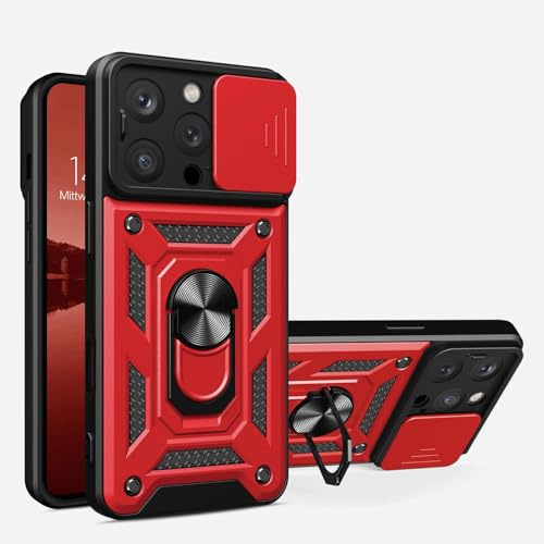 LBH Armor Hülle kompatibel mit Apple iPhone 15 Pro Case mit Kameraschutz Outdoor Stoßfest Handyhülle 360 Grad Metal Ring Halter Ständer Schutzhülle für Handyhalterung Auto Magnet Rot