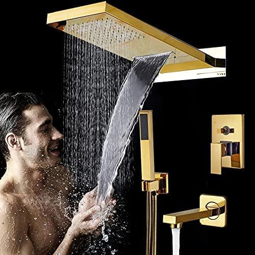 Luxus Goldene In Wand Dusche Armaturen Set Regen Wasserfall Dusche Kopf Mischbatterie ABS Handbrause Badewanne Auslauf Bad Dusche