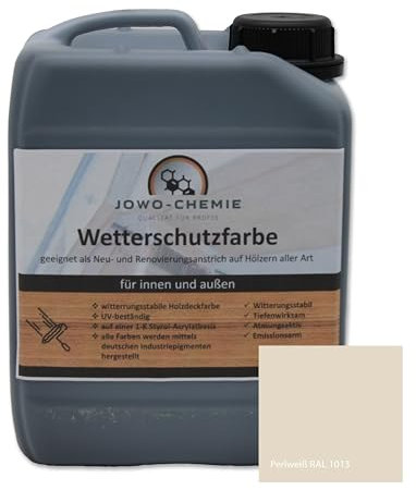 JOWO-CHEMIE Peinture de protection contre les intempéries (5 kg) Peinture pour bois, clôture, jardin sur bois de toutes sortes, Grand choix de couleurs Peinture acrylique (blanc nacré)