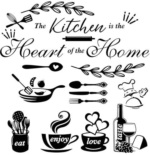 CREATCABIN 4 Foglio Adesivi da Parete per La Cucina Decalcomanie da Muro per La Cucina con Citazioni La Cucina È Il Cuore della Casa Detti 4 Stili Lettere da Parete Decorazioni Artistiche 29x20cm